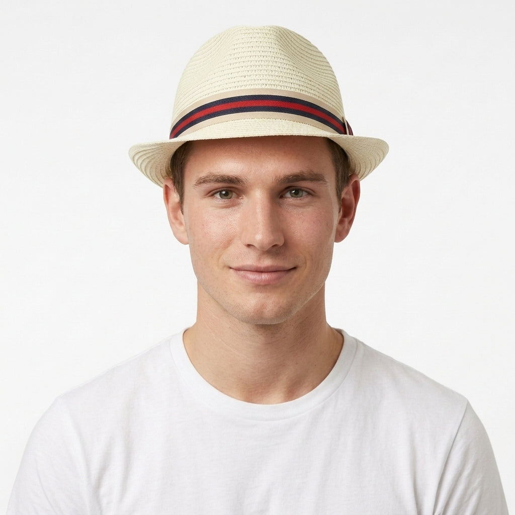 Unisex Natural Beige Straw Fedora Hat with Striped Band