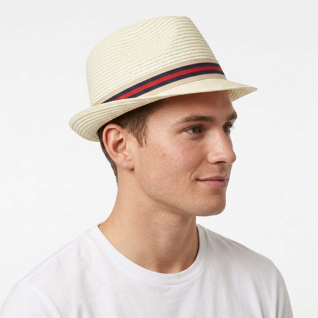 Unisex Natural Beige Straw Fedora Hat with Striped Band