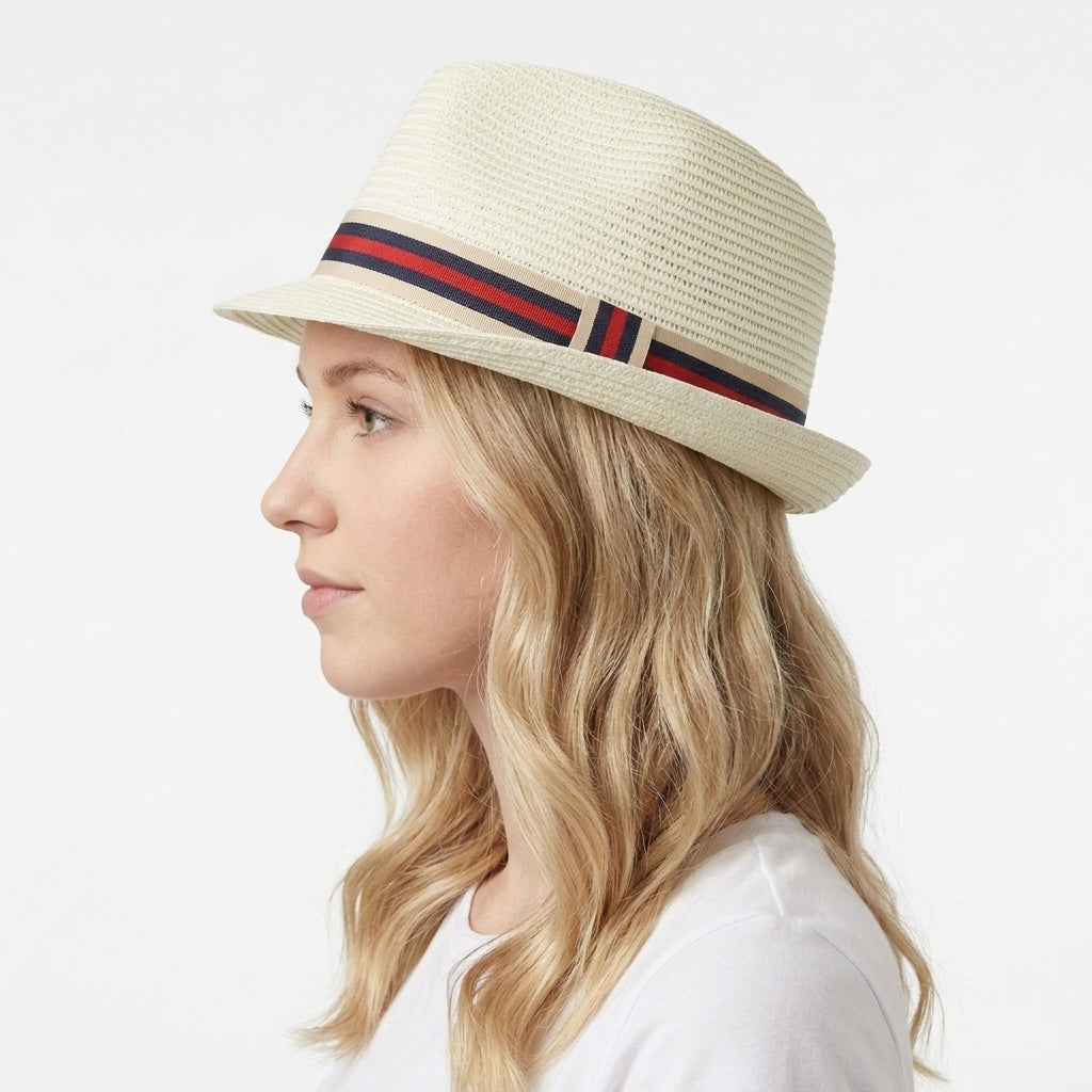 Unisex Natural Beige Straw Fedora Hat with Striped Band