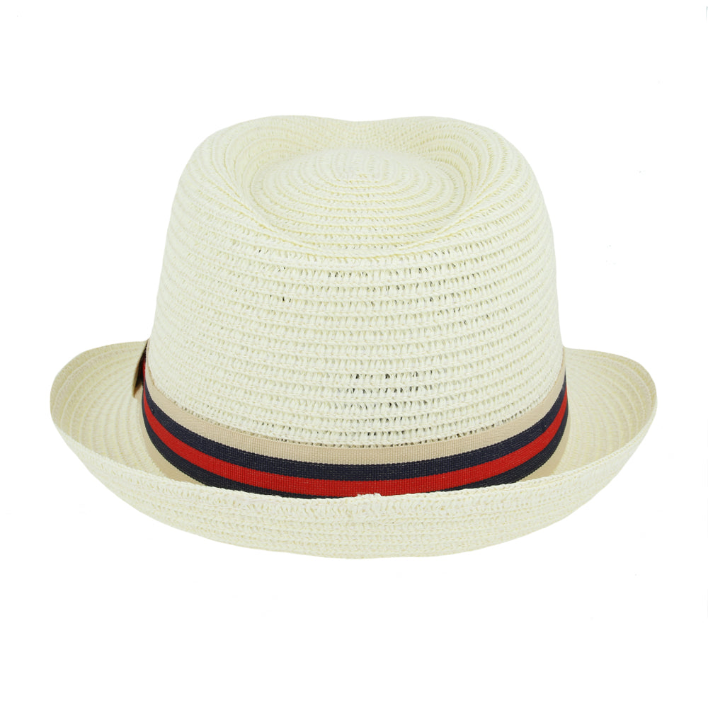 Unisex Straw Fedora Hat, Natural Beige, Striped Band, Summer Beach Sun Hat for Men and Women
