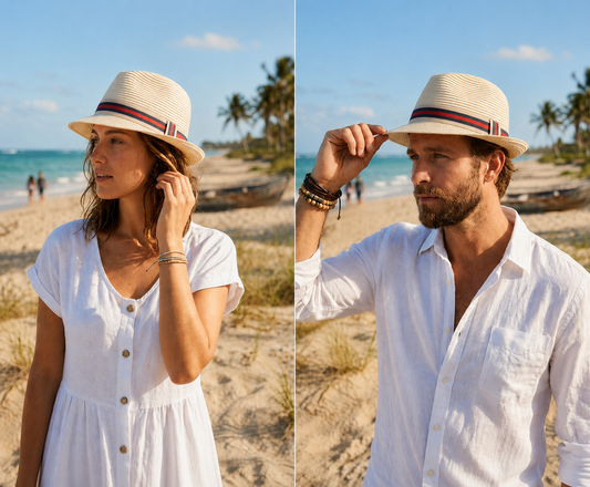 Unisex Straw Fedora Hat, Natural Beige, Striped Band, Summer Beach Sun Hat for Men and Women
