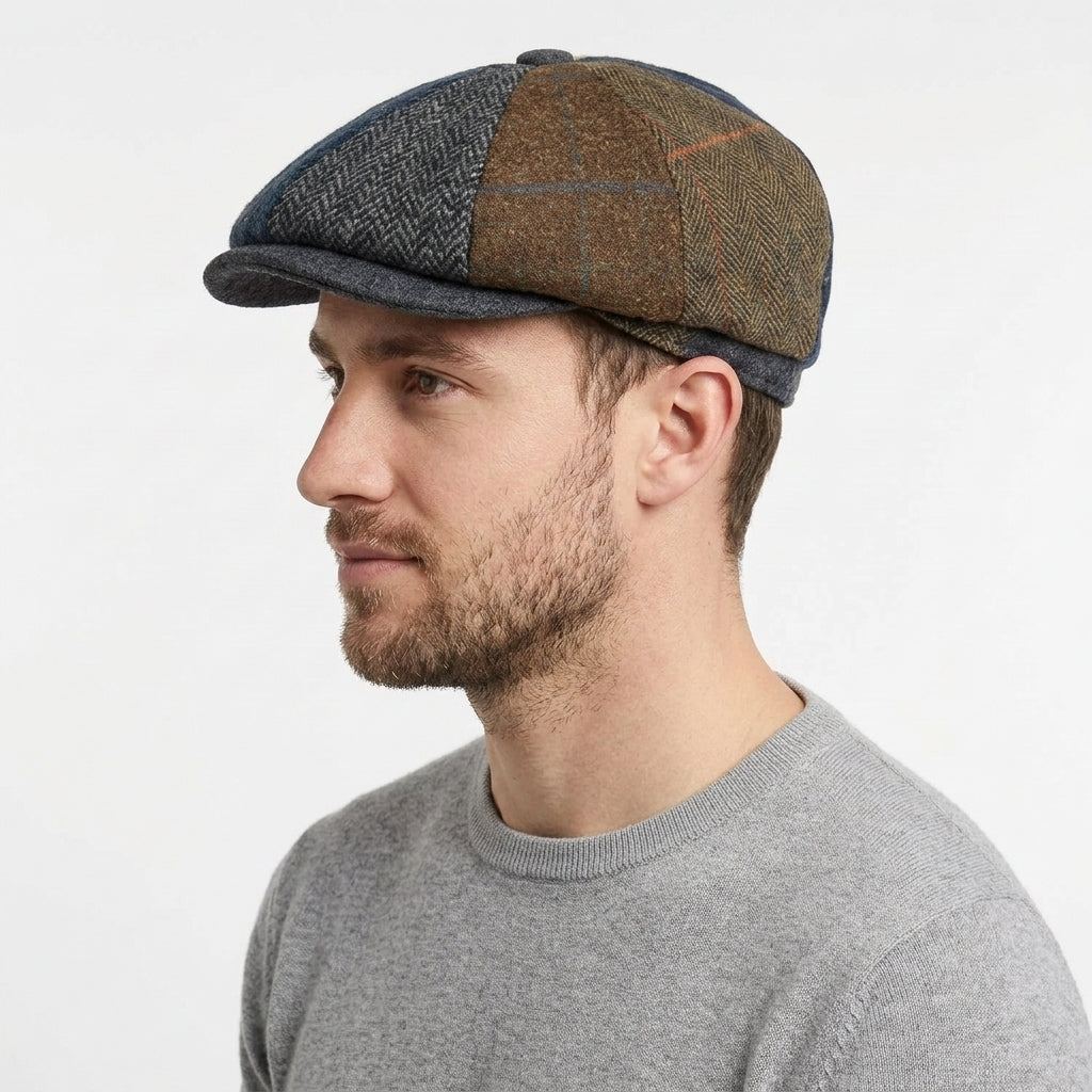 Men's Multi-Colour Tweed Wool Blend Patchwork Newsboy Cap