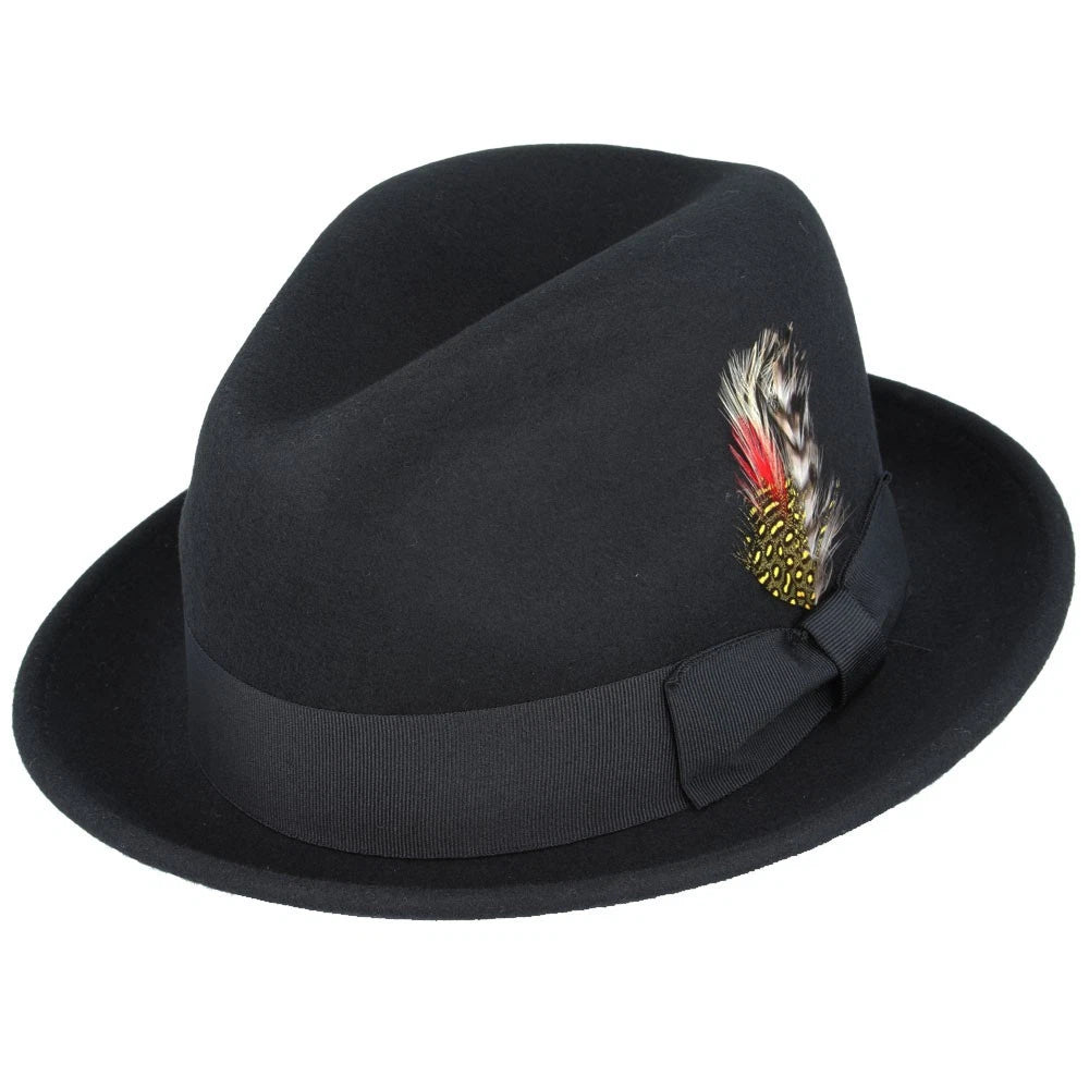 Men's Black Wool Felt Fedora Hat with Ribbon Band & Feather Accent
