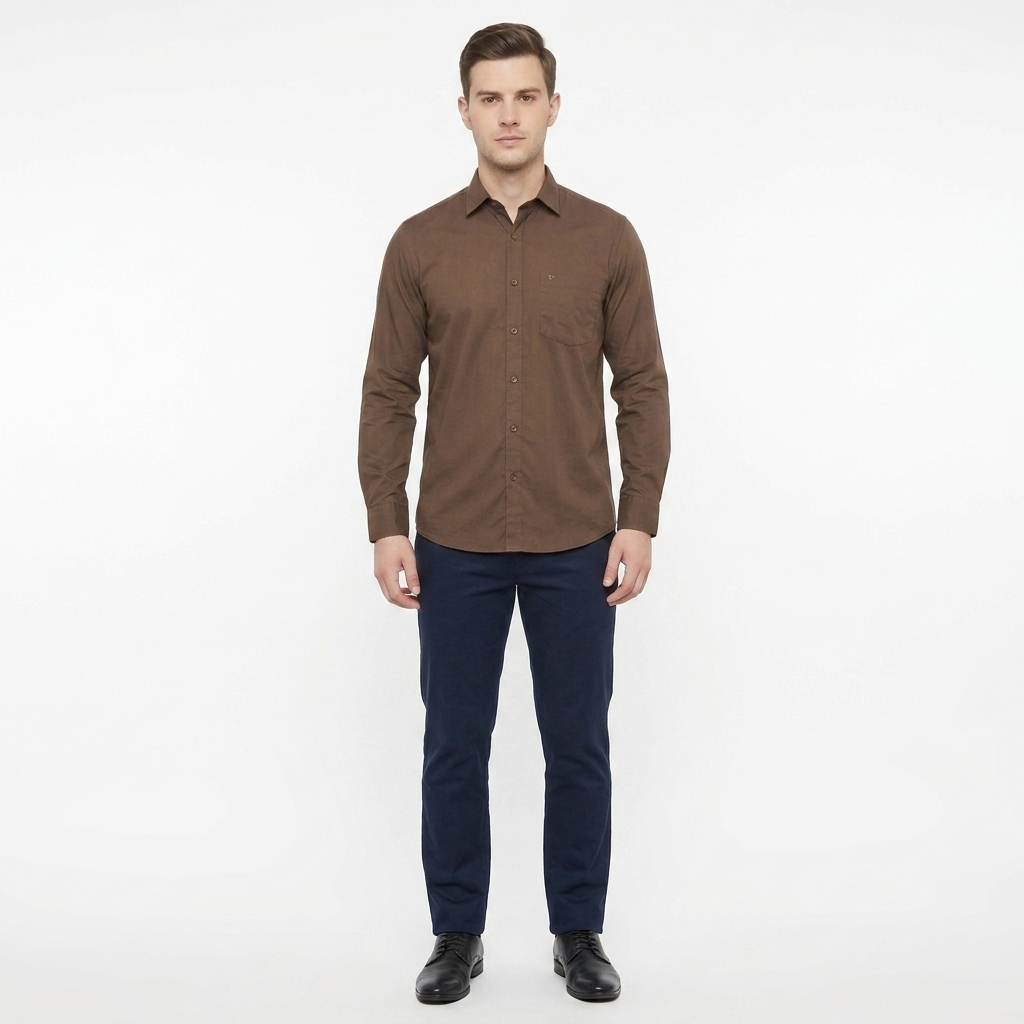 Men's classic long sleeve plain soft cotton dress formal shirt BROWN