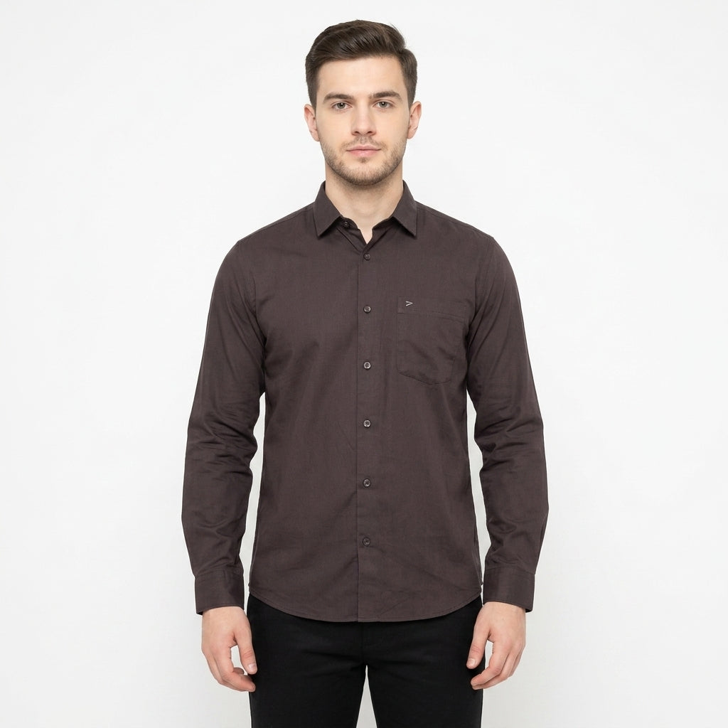 Men's classic long sleeve plain soft cotton dress formal shirt COFFEE