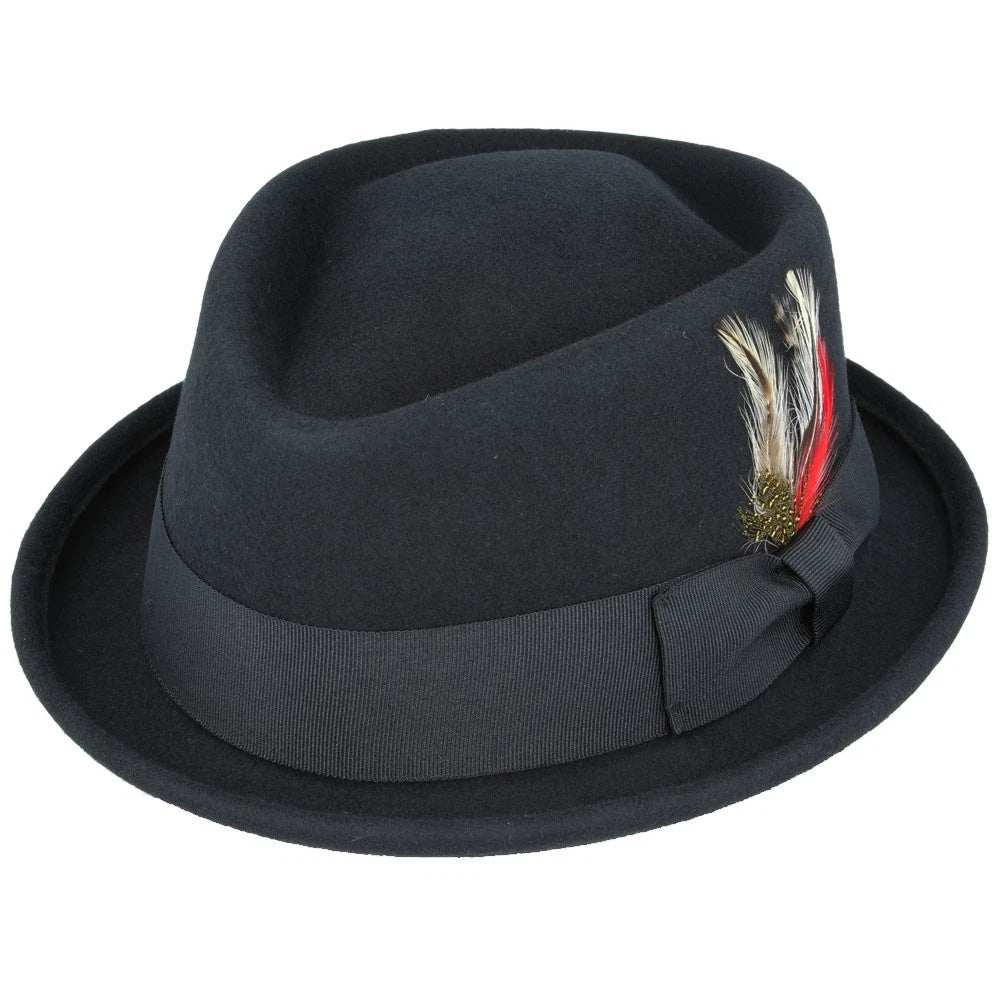 Men's Black Wool Felt Fedora Hat with Feather Accent